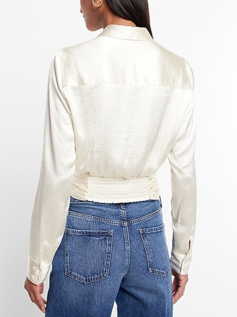 Express Cream Satin Tie Front Banded Bottom Portofino Blouse - Picture 5 of 6